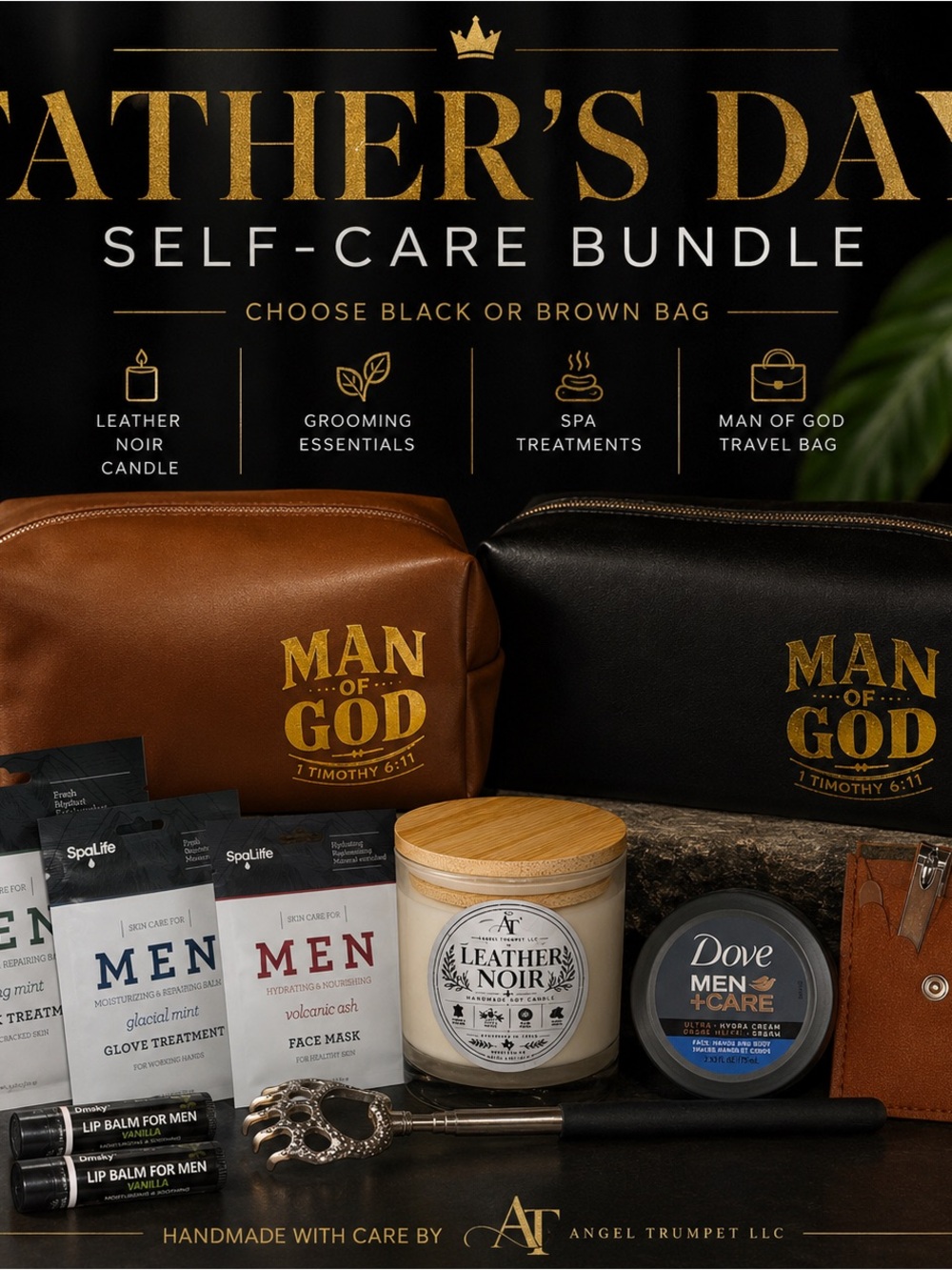 Manscaping Self-Care Gift Set | Man of God Toiletry Bag | Leather Noir Candle